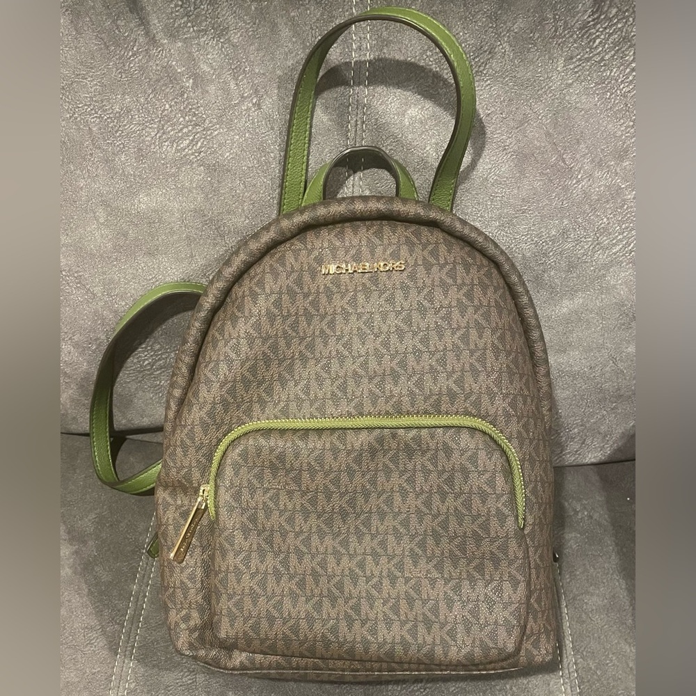 Michael Kors Erin Backpack {MK Brown/Green Trim}